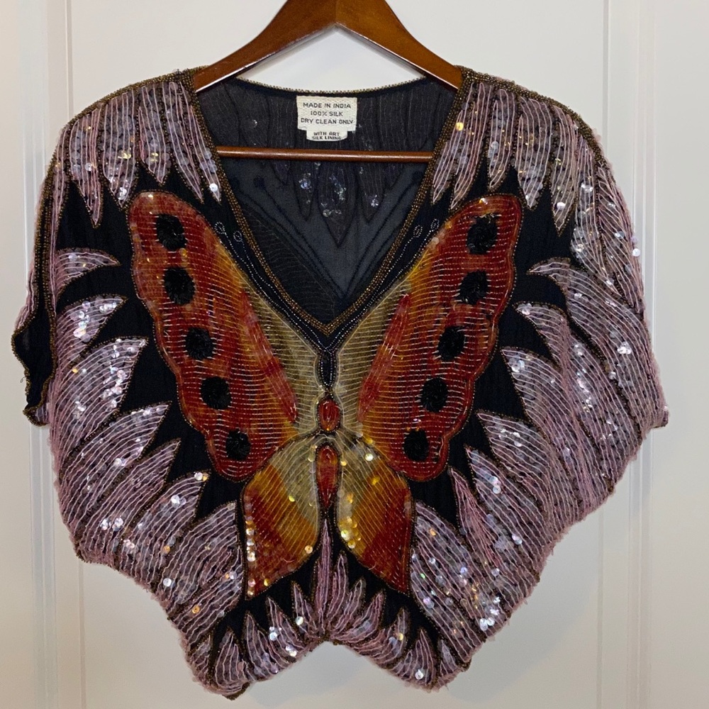 VINTAGE 1970's Sequin Beaded Silk Butterfly Top